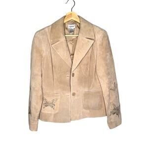 Together Vintage Leather Suede Jacket Butterfly Print Neutral Tan/Beige Size 12